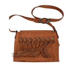 Boho Leather Satchel Handbag with Fringe Studs Crossbody Tooled Adjustable Strap